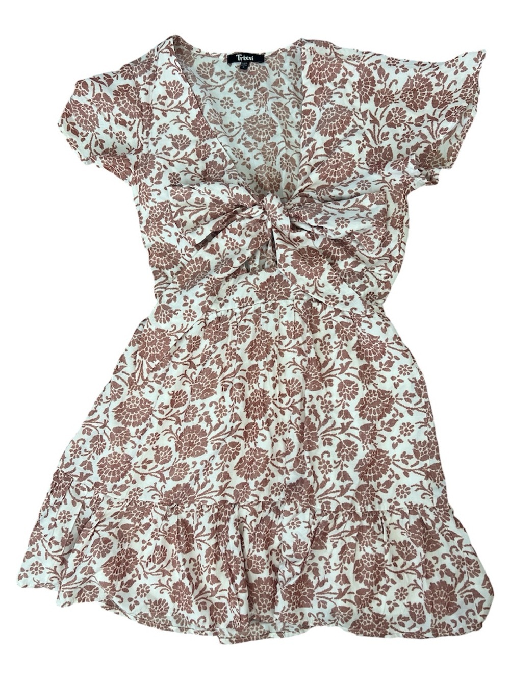 Trixxi Ivory Dress with Dusty Rose Floral Print and Front Tie